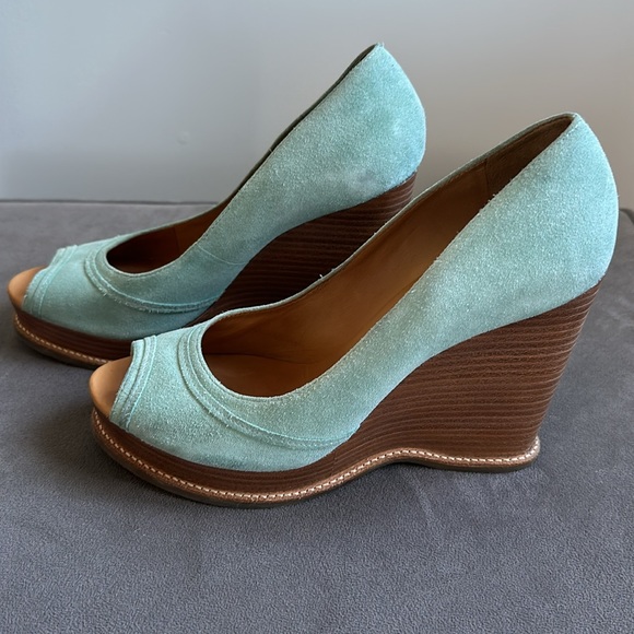 Michael Kors Suede Turquoise Open Toe Wedges Size 8 - Picture 3 of 7